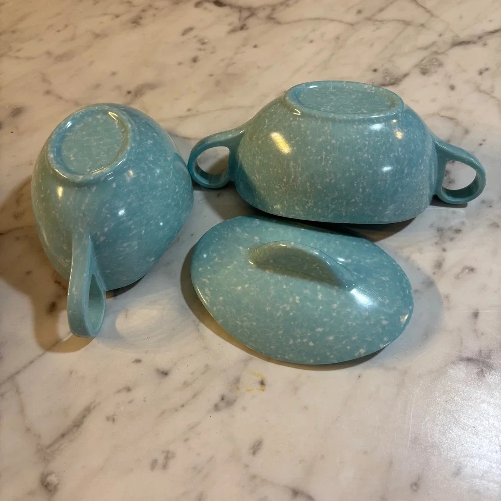 Vintage MCM Turquoise Blue Confetti Melmac Sugar Bowl and Creamer Set Speckled